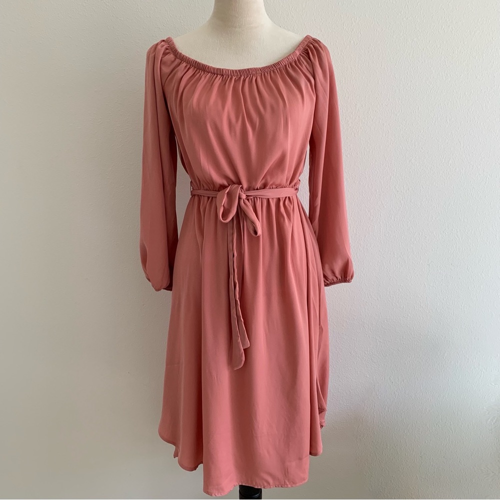 New satin pink high low off the shoulder dress